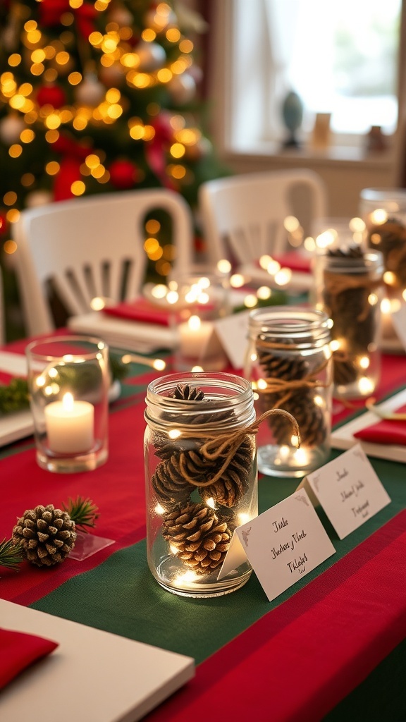 Festive Christmas Table Settings with Mason Jars Christmas table setting with mason jars filled with pinecones and lights, decorated with twine and place cards.